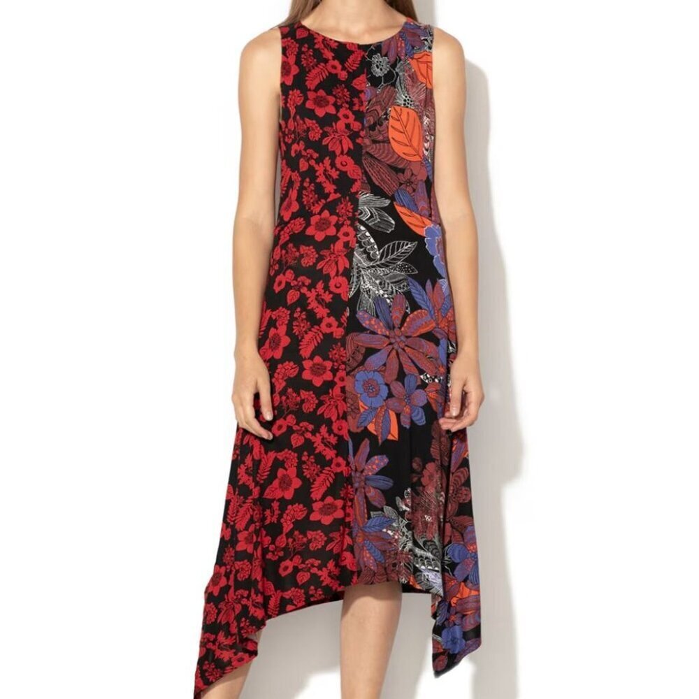 Desigual Floral Sleeveless Dress Asymmetrical Hem Maggy Black/Red/Blue Size S